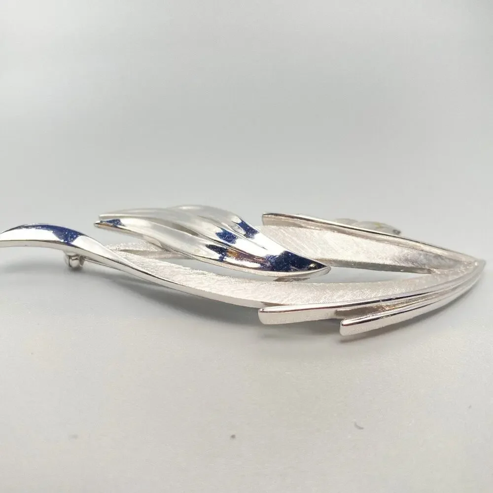 Vintage Crown Trifari Silver Leaf Brooch Signed